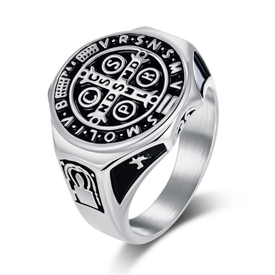 男圣本笃十字架钛钢复古印章戒指