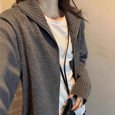 秋冬季新款100纯羊毛衫女开衫毛衣加厚中长款拉链羊绒针织外套