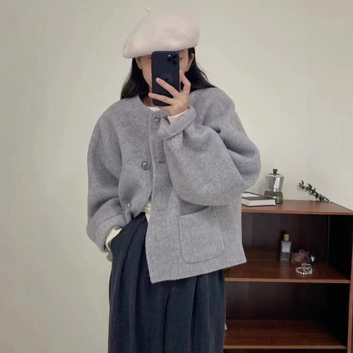 秋冬新款双面羊毛大衣女宽松圆领短款大袖子小个子韩系学院风外套