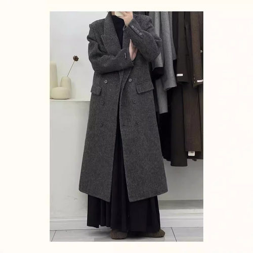 2025秋冬新款人字纹西装领双面羊绒大衣女显瘦带垫肩羊毛呢子外套