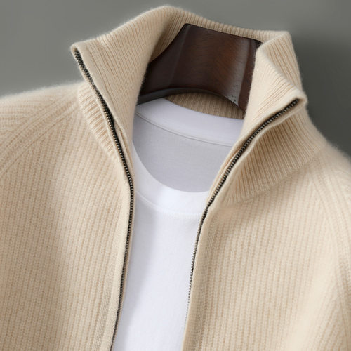 秋冬新款羊毛开衫男士高领加厚提花毛衣宽松纯色拉链针织外套上衣