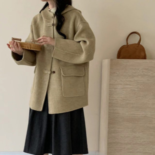 2025新款复古扣连帽双面羊绒大衣女小个子中款韩系羊毛呢外套