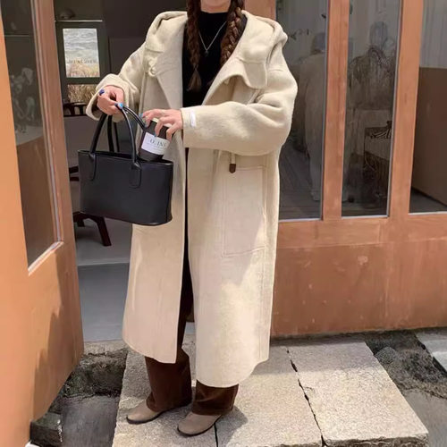 2024秋冬新款韩版双面羊绒大衣女牛角扣连帽新款加厚羊毛大衣外套