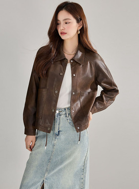 25秋季新款pu皮衣翻领复古外套女流行短款抽绳港风夹克上衣18663