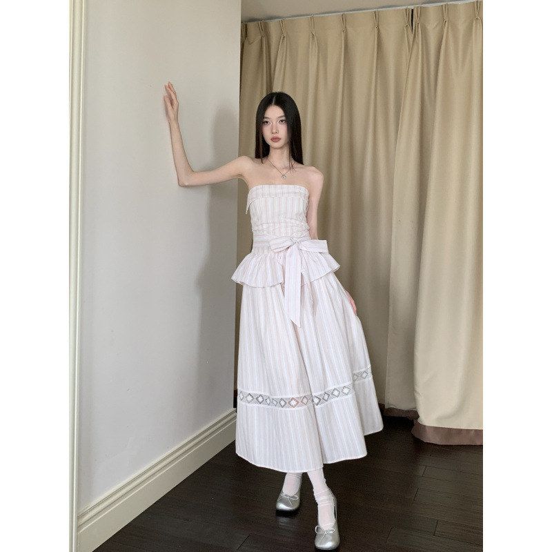 实拍现货薄纱樱夏季粉色条纹吊带抹胸绑带连衣裙长裙女