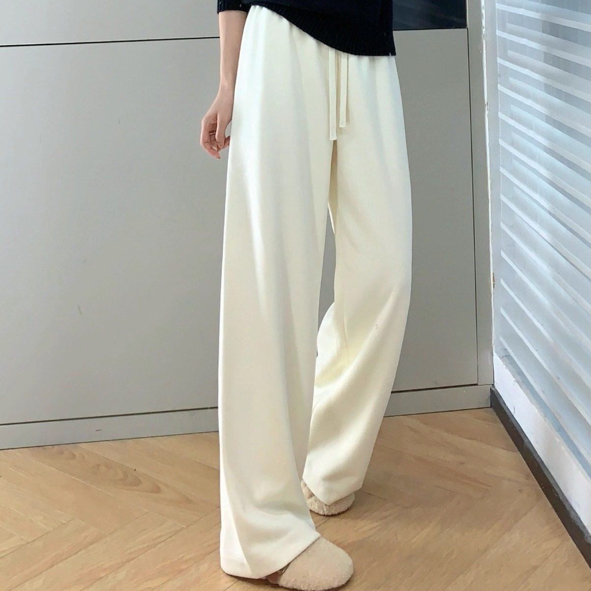 修饰腿型 宽松慵懒风垂感高腰休闲羊毛直筒阔腿裤秋冬新,女装/女士精品,休闲裤,淘宝优惠券,粉丝福利购,淘宝优惠卷