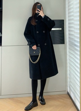 超厚实！法风博主风~Ses*立领双排扣直身长款黑色羊毛大衣冬女