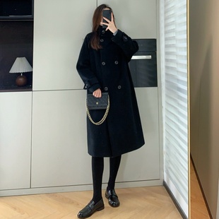立领双排扣直身长款 Ses 黑色羊毛大衣冬女 法风博主风 超厚实