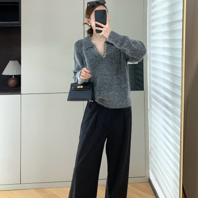 水钻亮片翻领设计V领毛衣针织衫