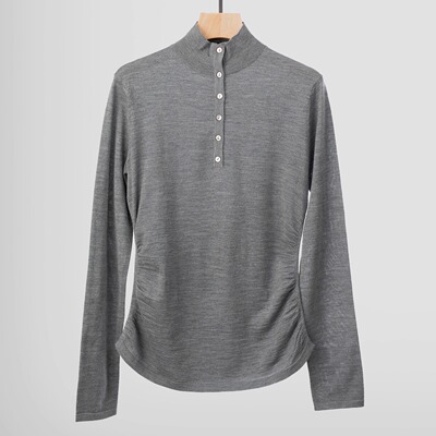 【Highline系列】日本线th16针精纺美丽奴羊毛皱褶高领扣针织衫女