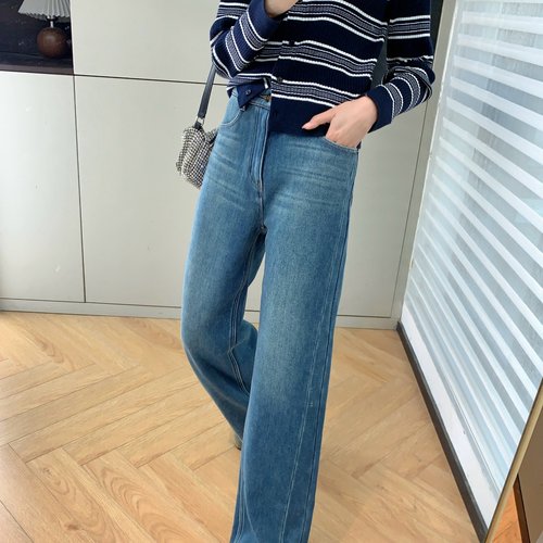 加绒高腰阔腿直筒牛仔裤