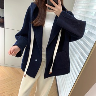 高街松弛 MC25秋冬美丽诺羊毛双面呢连帽抽绳短大衣外套小个子女