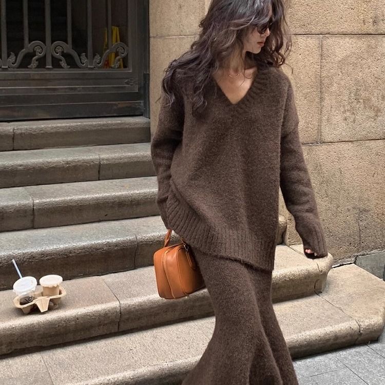 爆米花专享 针织慵懒裙女两件套宽松鱼尾半身裙毛衣套装 TZQD018