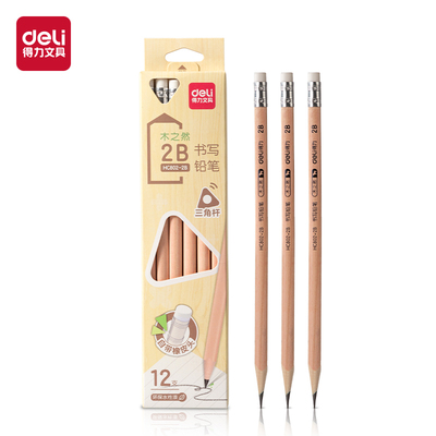 得力HC802三角杆皮写铅笔2BHB小学生用带橡皮擦练字笔文具12支/盒