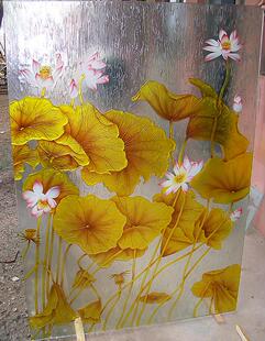 肌理雕刻进门鞋柜上艺术玻璃玄关隔断屏风双面富贵金黄荷花高透光