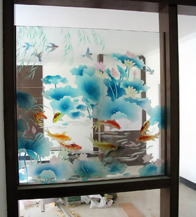 玄关隔断屏风鞋柜艺术玻璃背景墙雕刻工艺吉祥如意荷花鱼富贵有余