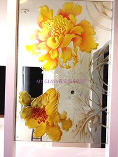 厂家定做鞋柜上雕刻工艺术玻璃钢化隔断玄关门水韵花通透双面特价