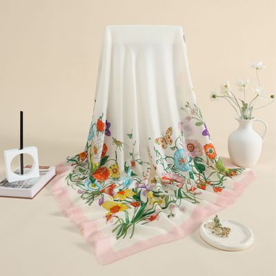 奢凌羊【素底繁花】100%绵羊毛薄款田园风女士高档围巾保暖旅游披