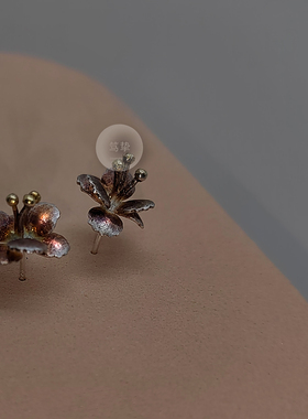 笃挚原创 孤品 手工 深秋茉莉 特殊朱色 氧化处理 925 纯银  耳钉