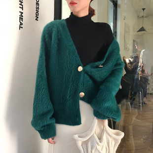 针织衫女长毛貂绒衫春秋新款貂绒开衫网红宽松慵懒风短款毛衣外套