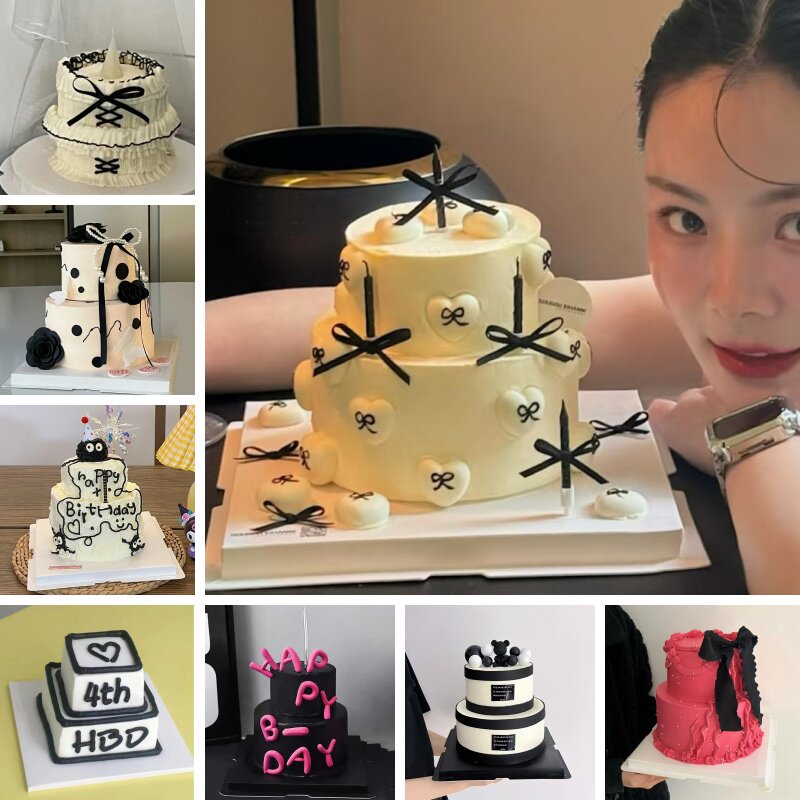 2026新款2层裱花15黑色系列 简约 奶牛 煤球字母生日仿真蛋糕模型