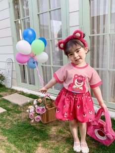 新款 女童卡通粉短袖 夏季 宝宝草莓熊两件套 T恤蓬蓬裙套装 洋气童装