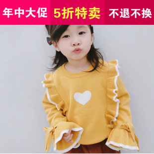 ins爆款女童爱心双层针织纯棉木耳边毛衣宝宝喇叭袖蝴蝶结针织衫