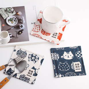 良器 和风棉麻制卡通小猫图案杯垫 布制小隔热垫 可爱图案杯垫