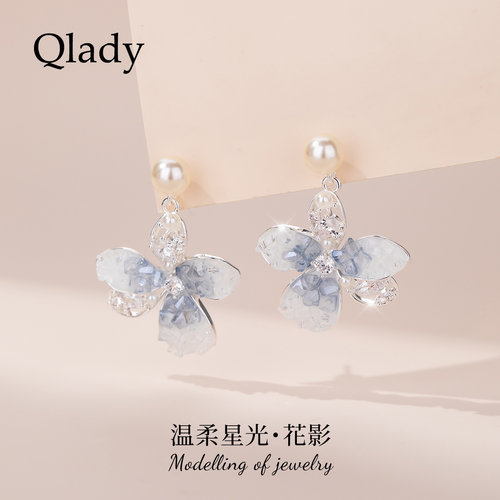 蓝色花朵耳钉耳饰女独特漂亮耳环