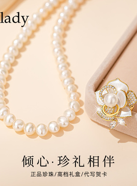 天然淡水珍珠银项链女款2025新款锁骨链高级感送妈妈胸花胸针套装