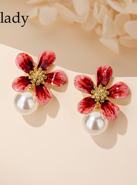 红色花朵耳钉珍珠耳饰女气质耳环2026新款爆款高级感耳坠小众精致
