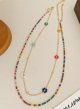 原创度假风彩色锆石串珠多巴胺项链女时尚休闲百搭叠戴颈链锁骨