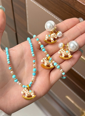 原创复古百搭时尚彩色滴油珐琅木马松石串珠项链轻奢小众锁骨