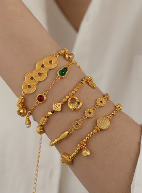 新中式复古精致沙金铜钱葫芦手链轻奢高级感时尚气质百搭盘缠