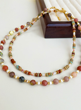 ins度假风复古多巴胺天然石叠戴项链女百搭高级感小众简约锁骨链