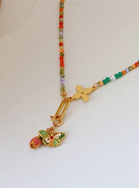 原创新中式彩色天然石蝴蝶串珠项链女百搭高级感时尚简约小众颈