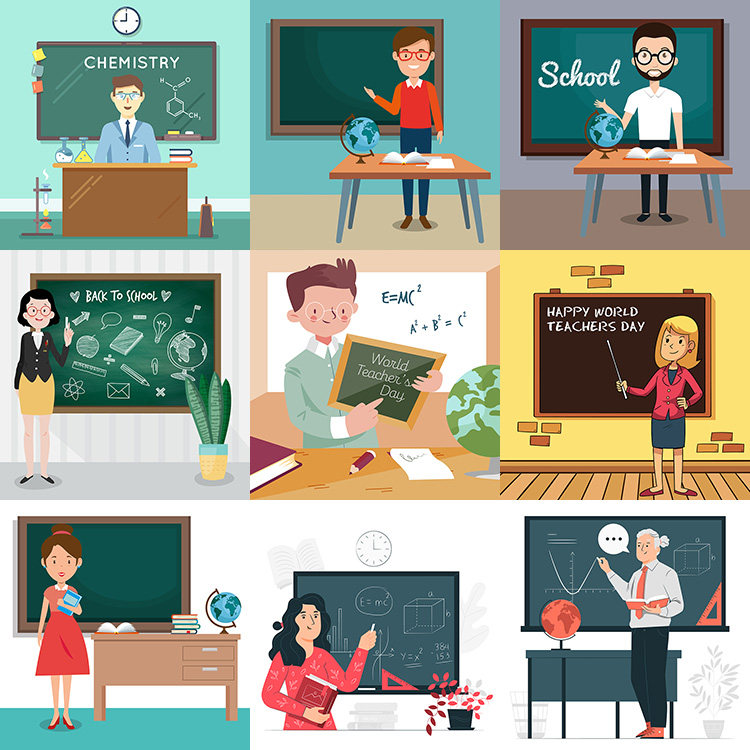 老师人物插画 卡通教师形象上课节日海报背景 ai格式矢量设计素材