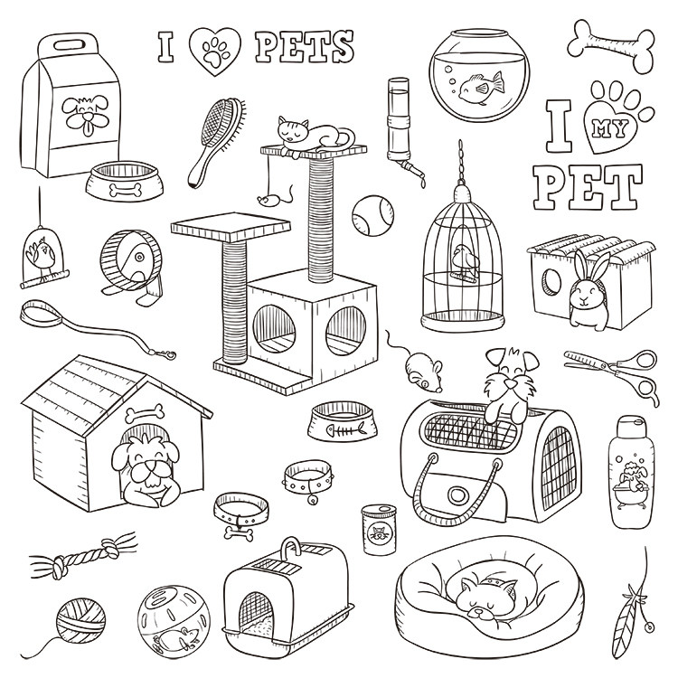 线描宠物元素图标 卡通宠物屋玩具鱼缸鸟笼 AI格式矢量设计素材