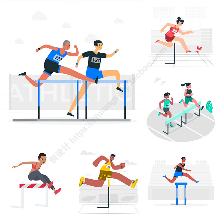 跨栏运动人物插画 扁平化卡通体育田径比赛 ai格式矢量设计素材