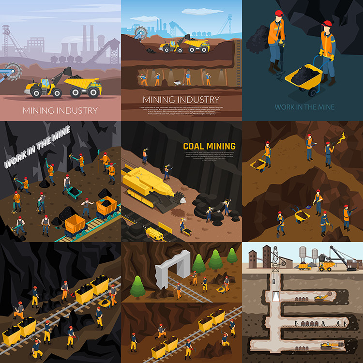 煤碳开采插画 卡通挖矿运输矿石海报背景 ai格式矢量设计素材