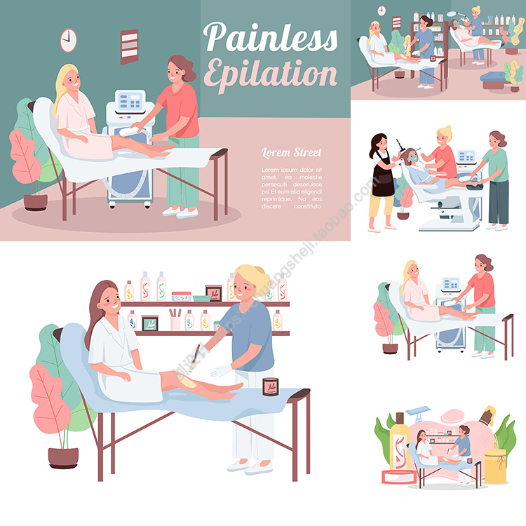 脱毛插画 扁平化卡通激光蜜蜡美肤美体场景 AI格式矢量设计素材