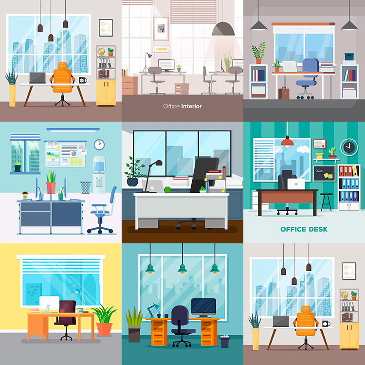 扁平化办公桌插画 卡通商务上班工作环境 ai格式矢量设计素材