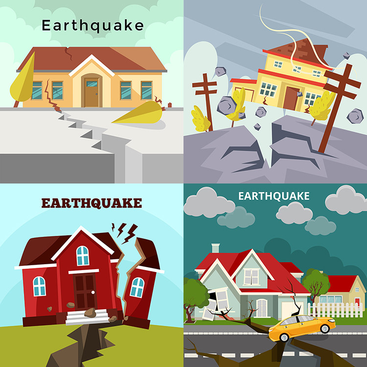 卡通地震插画 自然灾害房屋倒塌地裂海报背景 ai格式矢量设计素材