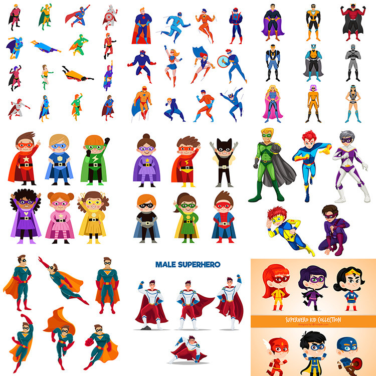 卡通超级英雄 扁平化可爱儿童人物角色形象 ai矢量设计素材