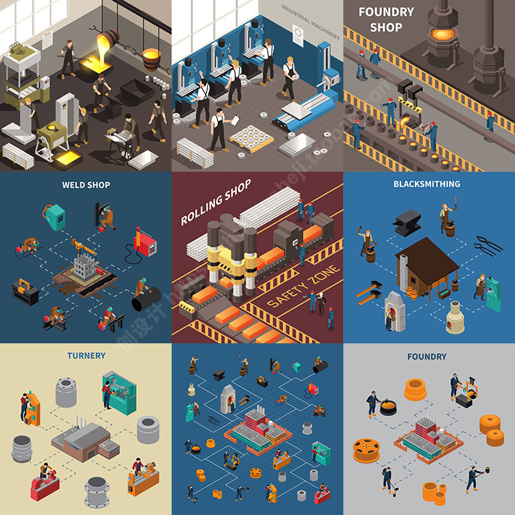 金属冶炼插画 扁平化卡通钢铁厂锻造轧制生产 ai格式矢量设计素材
