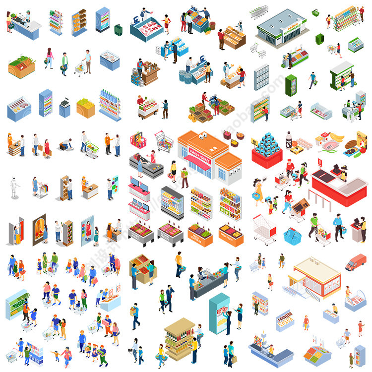 5d商场超市购物图标 卡通买东西货架结账 ai格式矢量设计素材