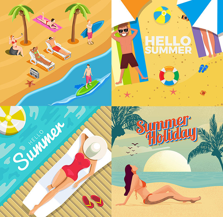 沙滩日光浴 夏季旅行海边度假晒太阳人物海报 AI格式矢量设计素材
