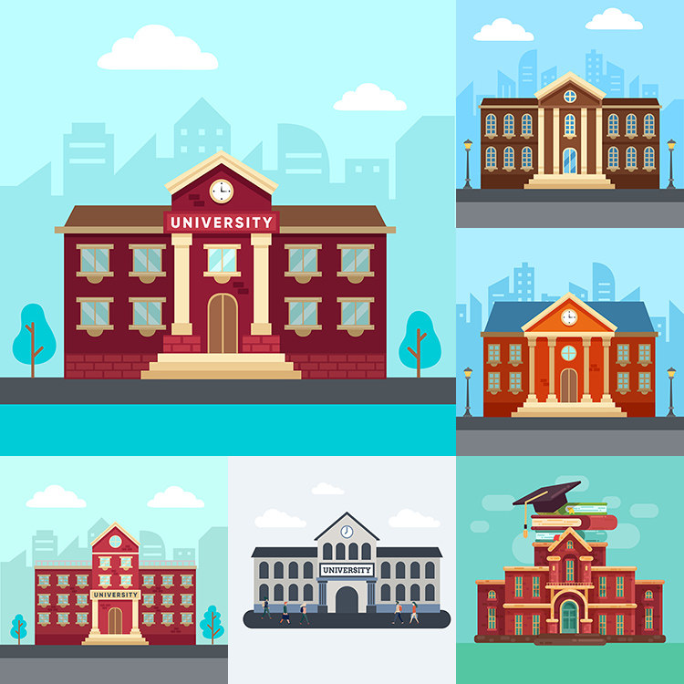 扁平化大学建筑 卡通高等学院学校教学楼海报 ai格式矢量设计素材