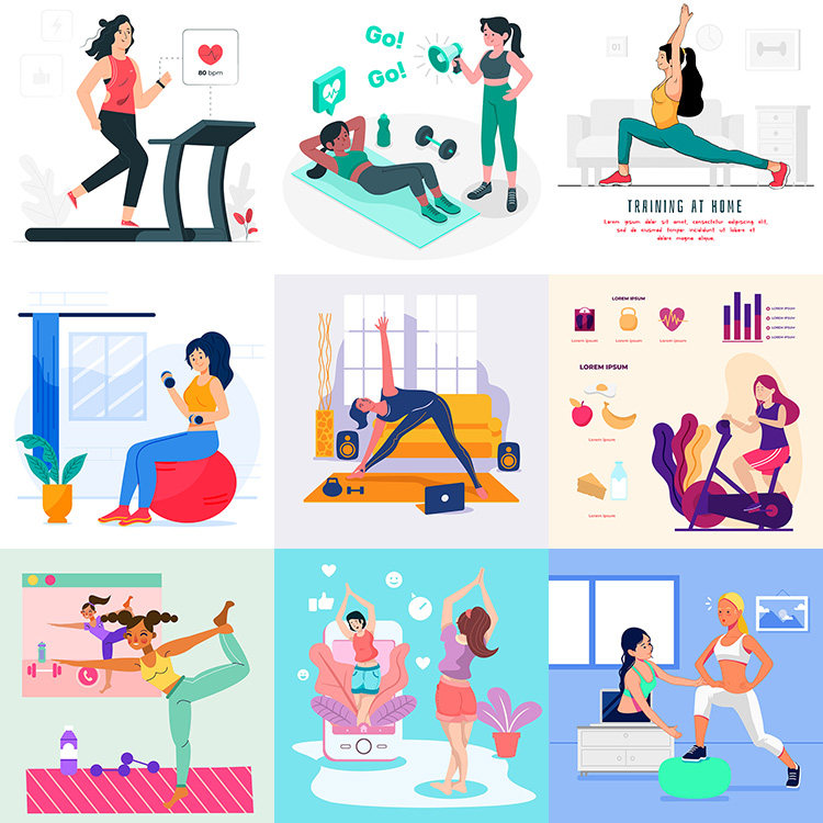 扁平化女性健身插画 卡通风格女生练瑜伽锻炼 ai格式矢量设计素材