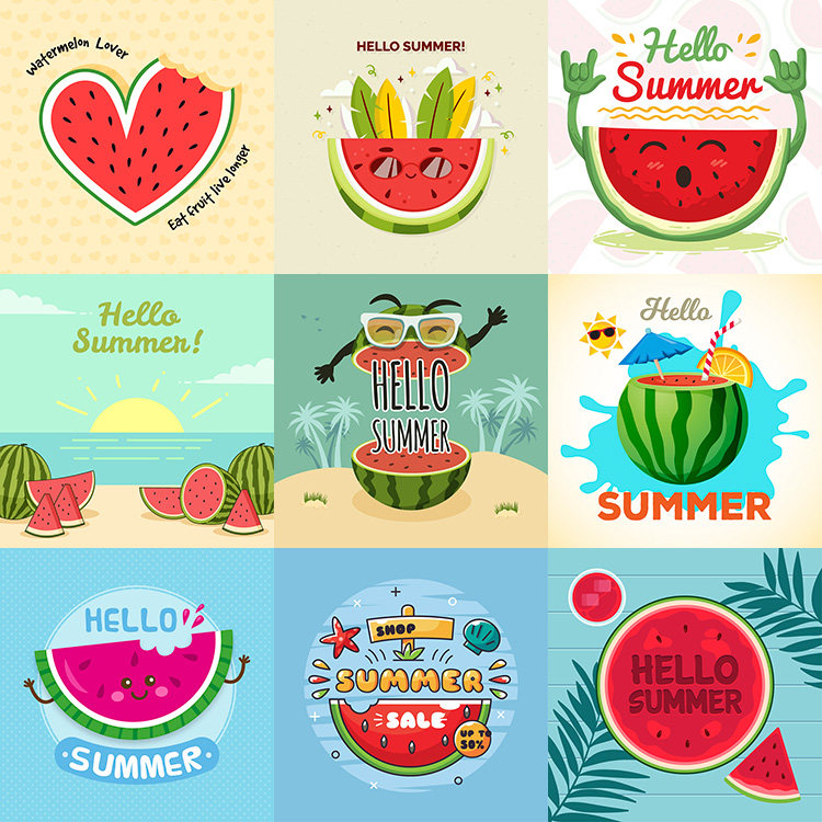 卡通西瓜插画 可爱夏季清凉解暑水果海报背景 AI格式矢量设计素材